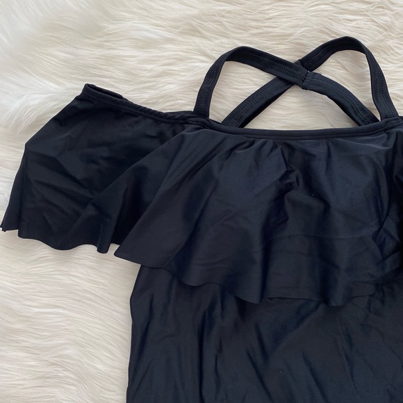 Mermaid Maternity Black Ruffle Cold Shoulder Drawstring Hem Tankini Swimsuit Top - Picture 3 of 11